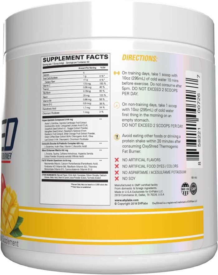 EHP Labs OxyShred Pre Workout Powder - Preworkout Powder with L Glutamine & Acetyl L Carnitine, Energy Boost Drink - Mango, 60 Servings - Image 11