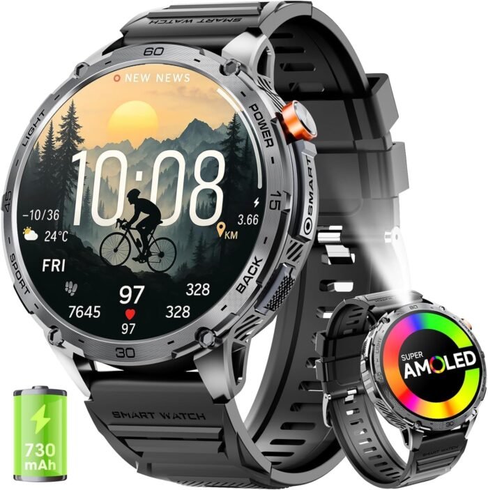 Military Smart Watch for Men 1.75" HD AMOLED Display 730mAh Battery Smart Watches with LED Flashlight for Android iOS（Bluetooth Call Answer/Dial Calls） Fitness Tracker with Heart Rate - Image 2