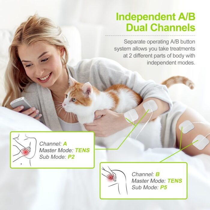 AUVON Dual Channel TENS EMS Unit 24 Modes Muscle Stimulator for Pain Relief, Rechargeable TENS Machine Massager with 12 Pads, ABS Pads Holder, USB Cable and Dust-Proof Storage Bag - Image 6