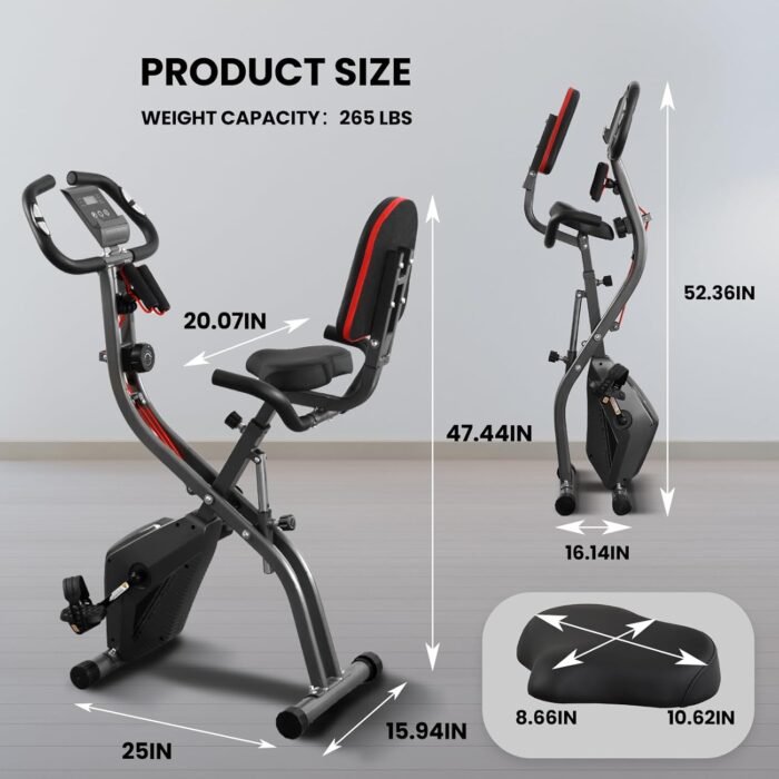 Exercise Bike Stationary Bike Folding Exercise Bike with 10 Level Adjustable Magentic Resistance Support Back Pad and Phone/Tablet Holder Arm Resistance Band Pulse Sensor LCD Monitor for Home Workout 265 LB Capacity - Image 9