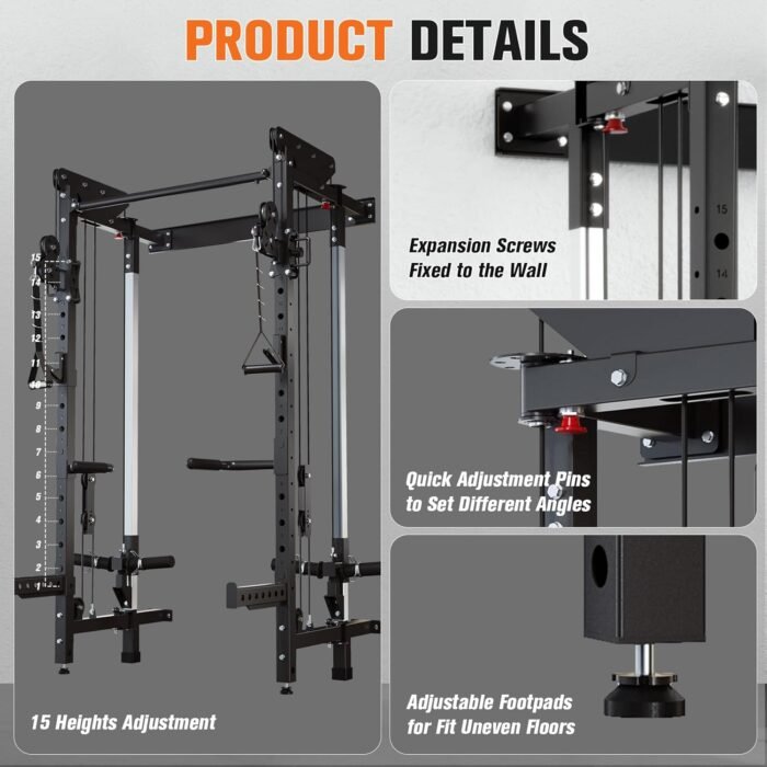 Folding Squat Rack - Wall Mounted Power Rack Cage with Cable Crossover Machine & LAT Pull Down - Functional Home Gym Trainer with 5 Adjustable Modes - with Safety Arm and Dips Attachment - Image 6
