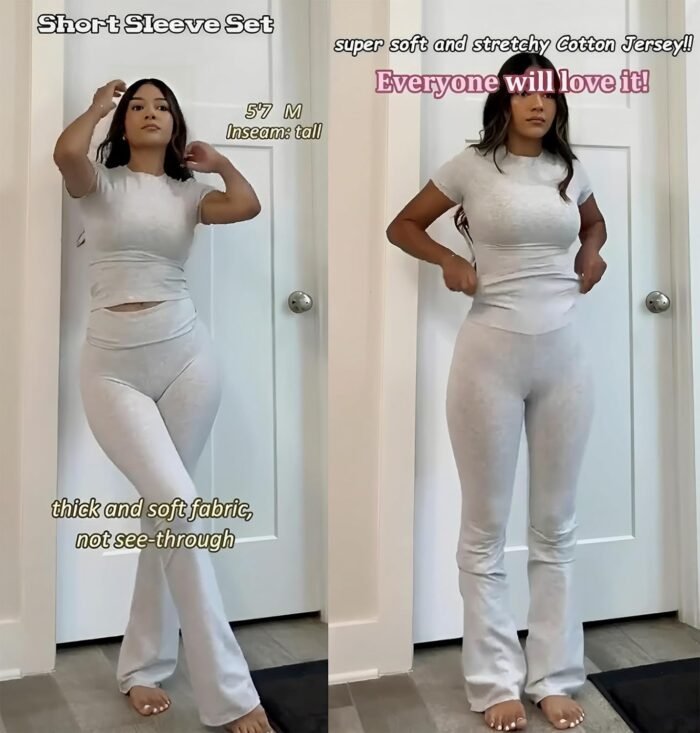 Women's 2 Piece Lounge Outfits Slim Short Sleeve Tops Low Rise Flare Leggings Sets Yoga Sweatsuit - Image 5