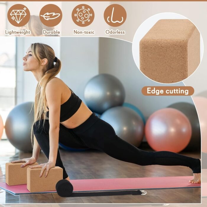 Liliful 2 Pack Cork Yoga Block with Strap and 5 Pcs Resistance Bands Exercise Bands 9 x 6 x 3 Inch Natural Yoga Block Set for Women Men Exercise Stretching Fitness Workout Pilates - Image 4