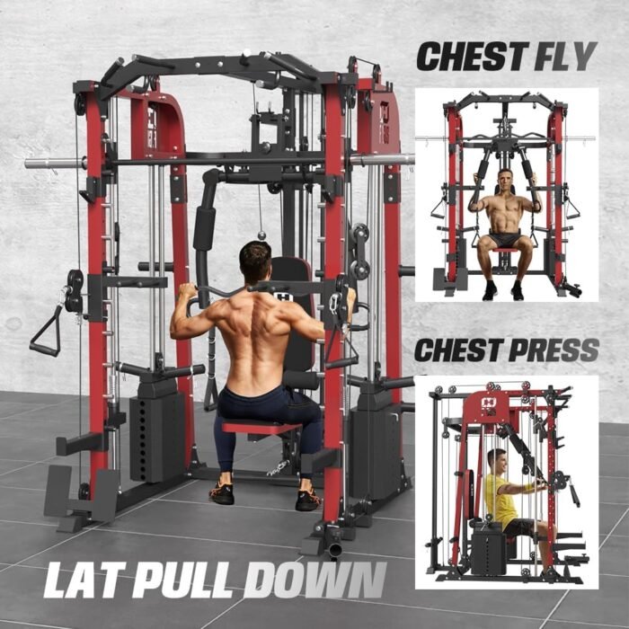 Commercial SmithMachine with Smith Bar, Home Gym Station with Dual Weight Stacks, 4000LBS Power Cage Squat Rack with Lever Arm, Leg Press, LAT Pull Down, Cable Crossover Machine for Full Body Training - Image 6