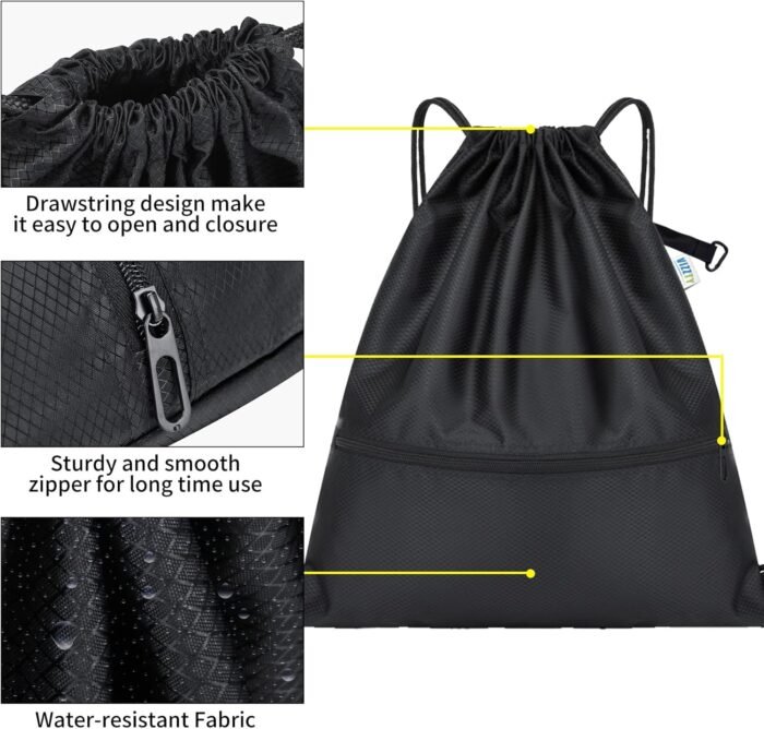 Drawstring Backpack Sport Gym Bag for Women ＆ Men,beach bag，Waterproof Lightweight Backpack With Outer Storage，Best workout bag for dance/hiking/soccer/basketball (Black) - Image 3
