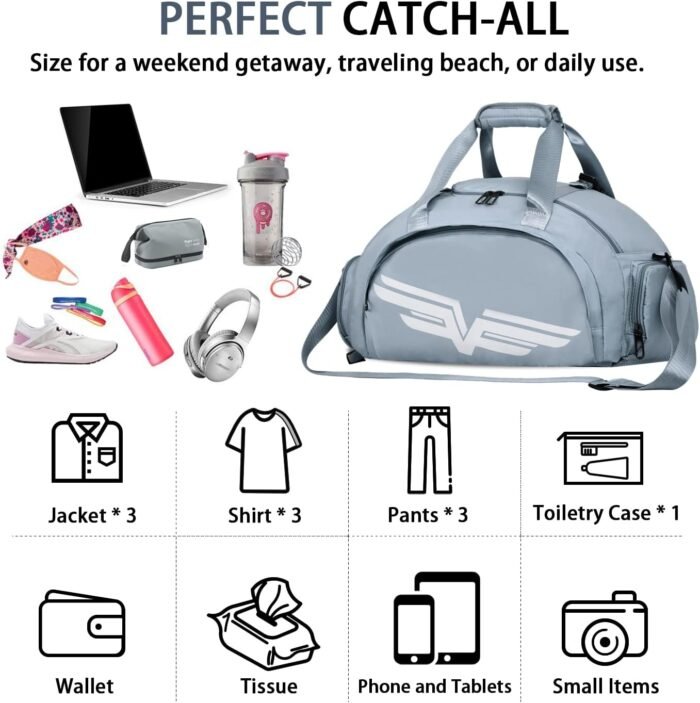 FIORETTO 30L Sports Gym Duffle Bag with Wet Pocket & Shoe Compartment, Weekender Hospital Overnight Bag for Women, Sports Holdall Backpack - Image 7