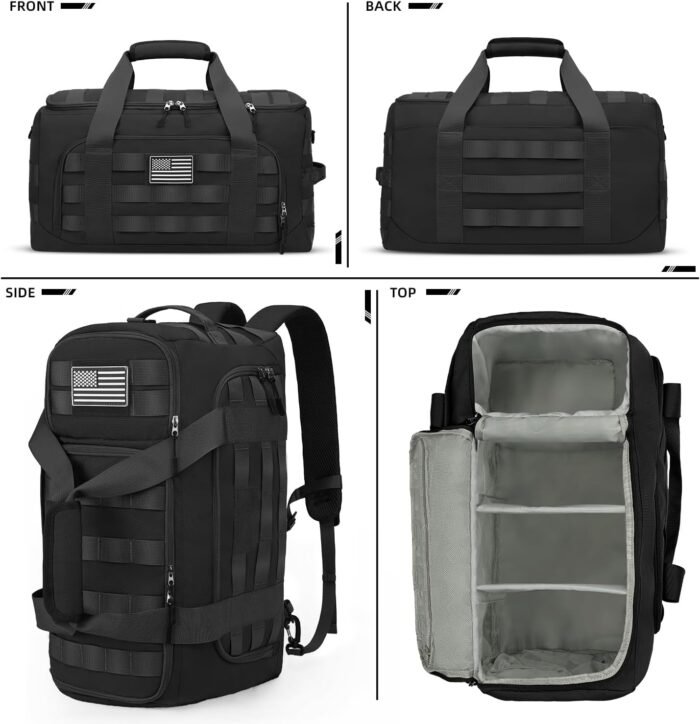 ZOMFELT Tactical Gym Bag for Men, 3-in-1 Travel Duffle Bag with Removable Dividers & Innovative Shoe Compartment, Waterproof MOLLE Travel Backpack, Airplane Carry-On Approved Workout, Outdoor, Black - Image 8