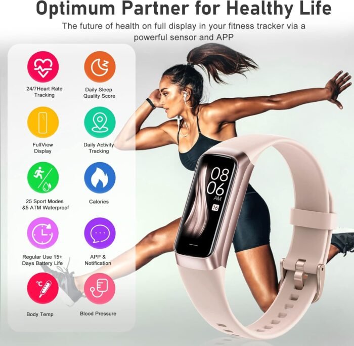 Fitness Tracker with 24/7 Heart Rate, Blood Oxygen Blood Pressure Sleep Monitor, Activity Trackers 5 ATM Waterproof,Step Calorie Counter Pedometer Health Smart Watch for Women Men Pink - Image 3