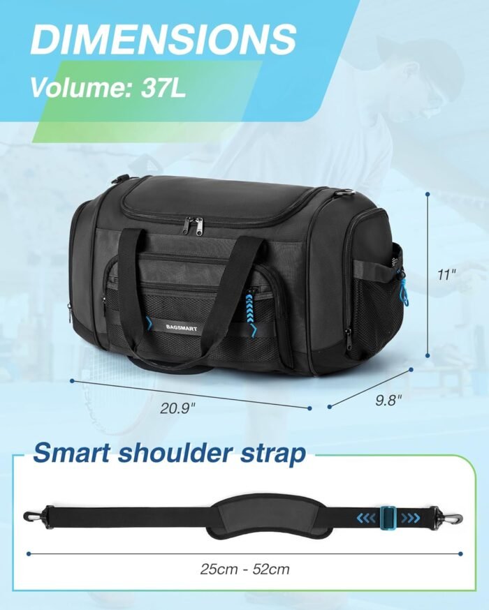 BAGSMART Gym Bag for Men & Women, Sports Travel Duffel Bag Carry-on Bag, Lightweight Weekend Overnight Bag with Shoe Compartment & Wet Pocket, Water-resistant Workout Duffle Bag for Travel Gym -Black - Image 7