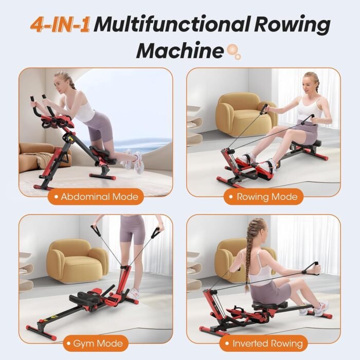Rowing Machine, 4 in 1 Rowing and Ab Machine with 2 Levels of Workout Resistance, Quiet & Foldable Rower Machine with 3 Adjustable Handle Heights & LCD Monitor, Row Machine for Home Exercise - Image 3