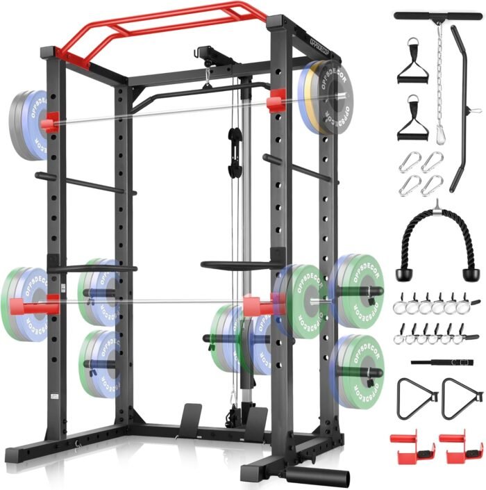 OPPSDECOR Power Cage, Multi-Function Power Rack with Adjustable Cable Pulley System, Squat Rack with Pull-up Bar, J-Hooks, More Training Attachment for Home Gym - Image 2