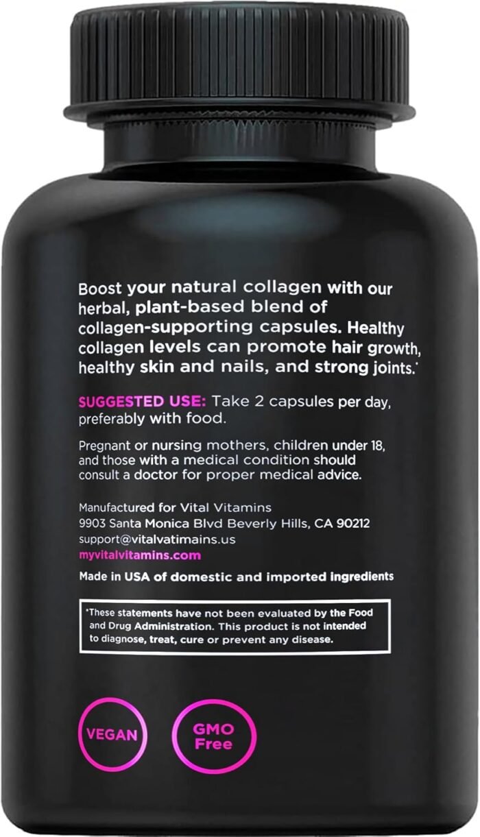Vital Vitamins Vegan Collagen Booster - Plant-Based Collagen Supplements - Supports Hair, Skin, Nails & Joints - with Hyaluronic Acid - 60 Capsules - Image 9