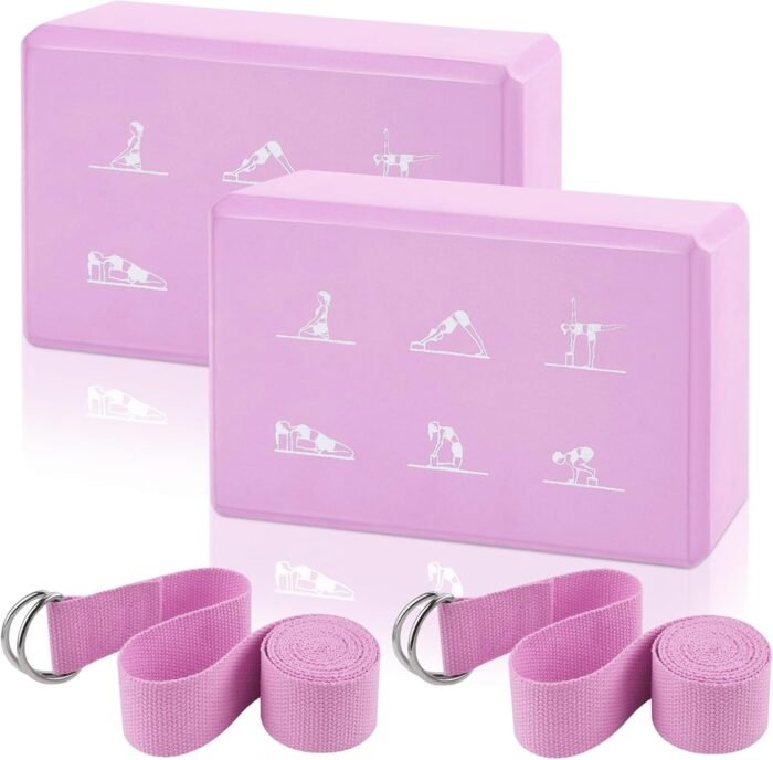 2 Yoga Block and Yoga Strap Set, FHDUSRYO High Density EVA Foam Blocks, Non-slip Yoga Bricks with 6ft Strap, Supportive Latex-Free Yoga Block Kit to Improve Balance and Flexibility - Image 2