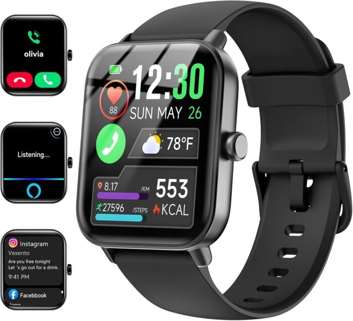 Smart Watches for Women/Men, Smart Watch for Android Phones and iPhone Compatible, Alexa Built-in, 1.8" Fitness Watches for Women, IP68 Waterproof/Bluetooth Call, Heart Rate/Sleep Monitor, Black - Image 2