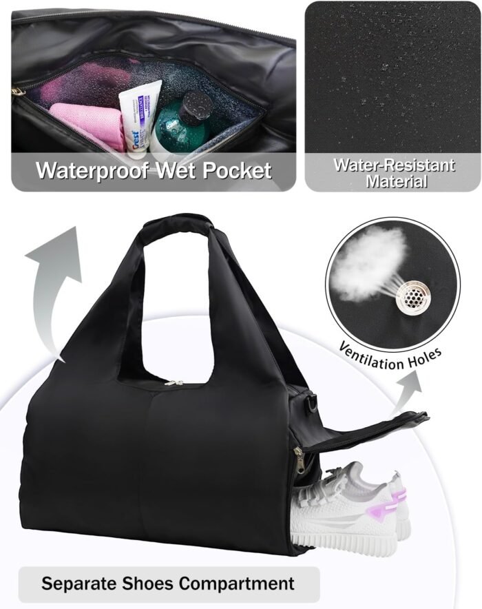 Gym Bag for Women with Shoe Compartment Yoga Mat Bag with Wet Pocket and Water Bottle Holder Weekender Bag with Strap - Image 3