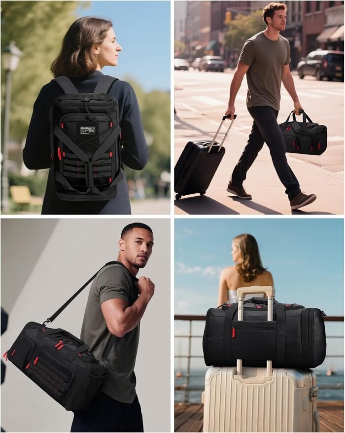 Gym Bags for Men Women, 45L Sports Travel Duffle Bag with Shoe Compartment, 3 in 1 Weekener Overnight Backpack with Wet Pocket, Black - Image 7