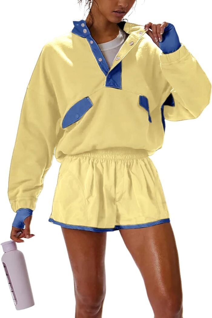 Women's Two Piece Short Sets Summer Lounge Sweatsuits Long Sleeve Outfits Travel Tracksuit with Pocket - Image 2
