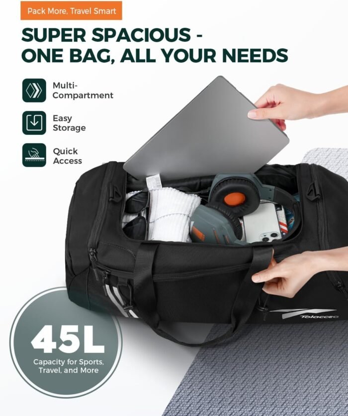 Tolaccea Gym Bags for Men Women, 45L Large Travel Duffel Bags with Shoe Compartment & Wet Pocket, Weekender Overnight Carry On Backpack Duffle Bag for Traveling Sports Workout (Black) - Image 4