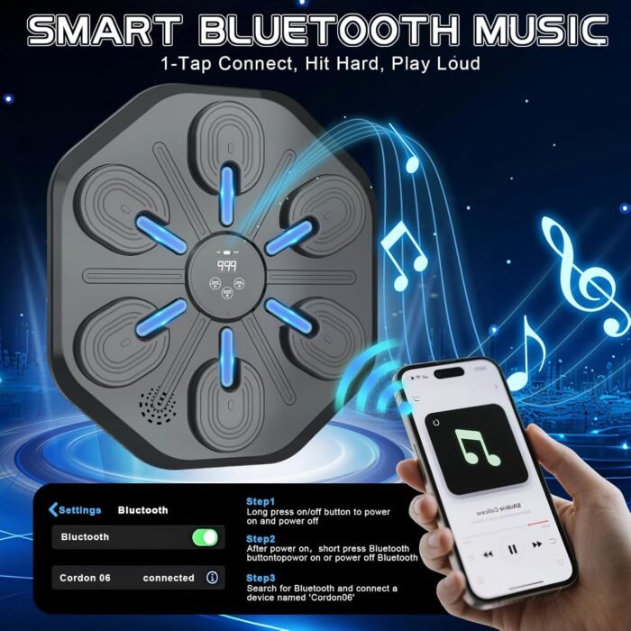Music Boxing Machine Wall Mounted with Bluetooth & 12 Speed Modes (2025) - Smart Trainer for Adults and Kids, Includes Gloves, LED Punch Target for Home Gym - Image 5