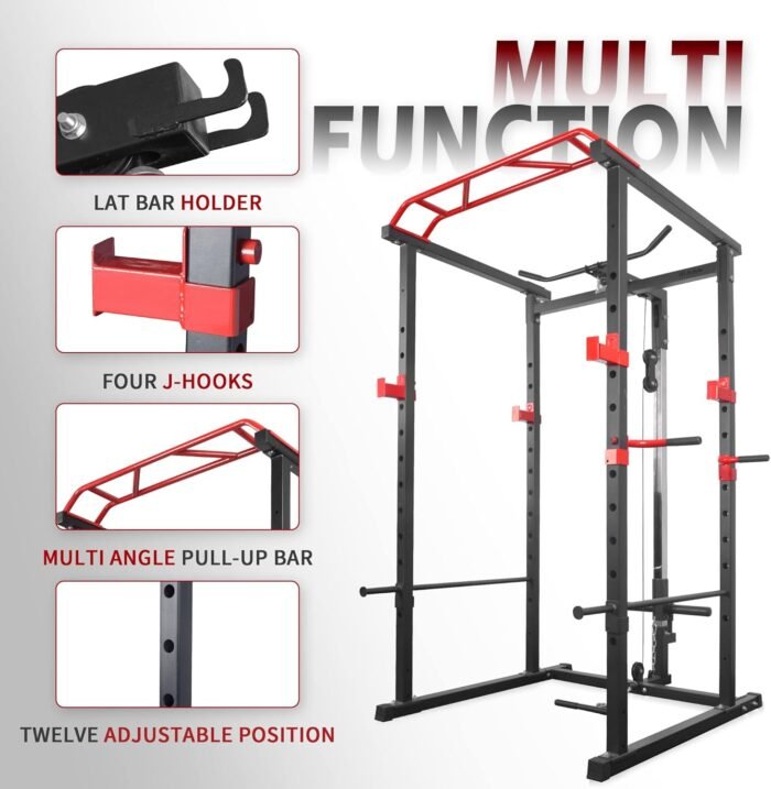 Power Cage 1000-Pound Capacity Exercise Stand Olympic Squat Cage Power Rack with LAT Pull-Down Attachment, Multi-Grip Pull-up Bar and Dip Handle for Men Women Strength Training Home Gym Equipment - Image 5