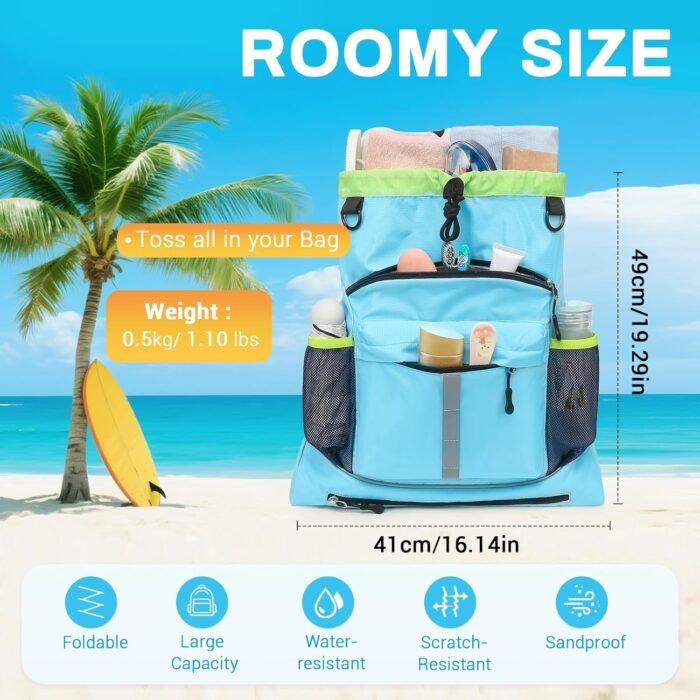 Drawstring Backpack, Waterproof Sandproof Beach Backpack for Sport Gear Small Gym Bag with Hidden Ball Net Pocket and Seperated Wet Pocket Draw String Back Bag for Women Men, Blue - Image 3