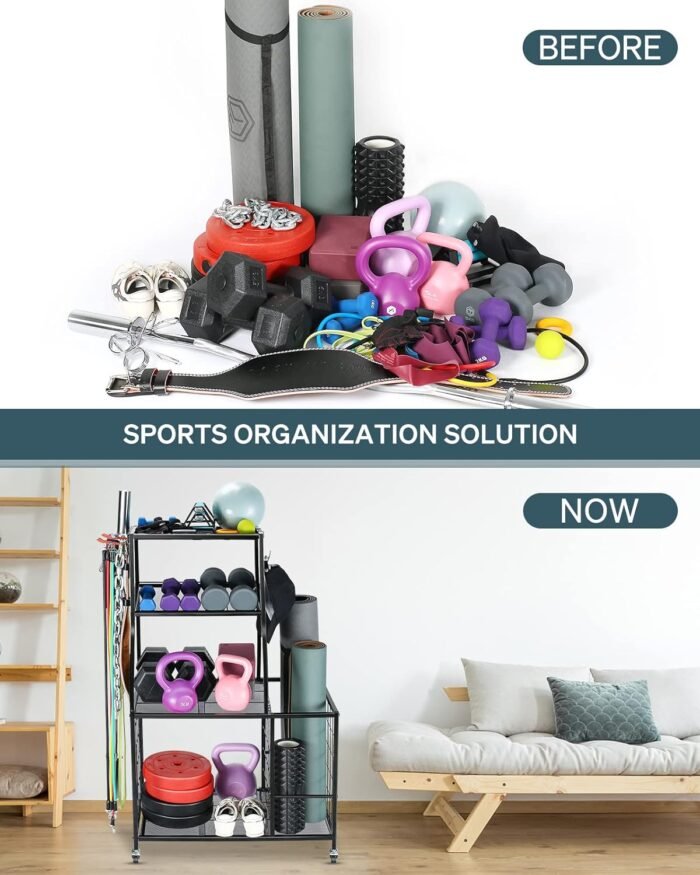 Weight Rack Home Gym Storage, Yoga Mat Storage Rack Workout Equipment Storage Rack for Dumbbells Kettlebell Resistance Band, Exercise Equipment Gym Rack Organizer with Wheel and Levelling Feet - Image 6