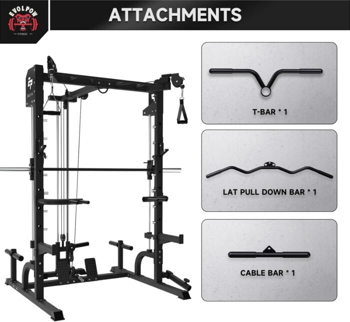 EVOLPOW Squat Rack with Pulley System, Smith Bar, J-Hooks, Dip Handles, Landmine Attachment, Multi-Functional Power Cage with Optional Bench, Weight Plates for Home Gym - Image 7