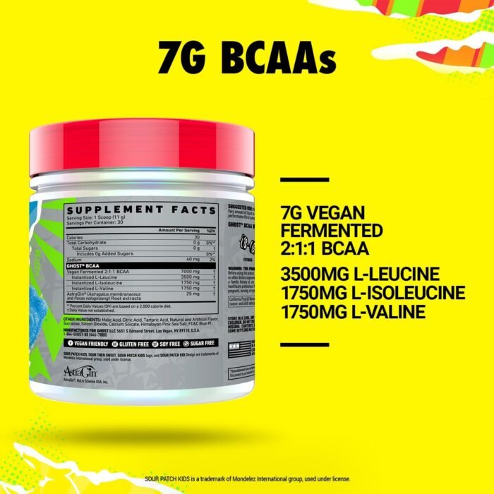 GHOST BCAA Powder Amino Acids Supplement, Sour Patch Kids Blue Raspberry - 30 Servings - Sugar-Free Intra, Post & Pre Workout Amino Powder & Recovery Drink, 7G BCAA - Image 3