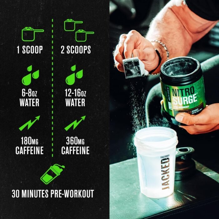 Jacked Factory NITROSURGE Pre Workout Supplement - Endless Energy, Instant Strength Gains, Clear Focus, Intense Pumps - NO Booster & Powerful Preworkout Energy Powder - 30 Servings, Green Apple - Image 5
