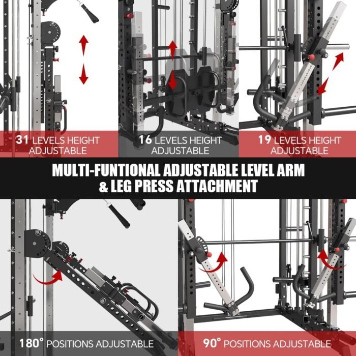 Commercial Smith Machine with Smith Bar, 4000LBS Power Cage Squat Rack with Lever Arm, Leg Press, LAT Pull Down System, Multi-Function Linear Bearing Cable Crossover Machine for Home Gym - Image 5