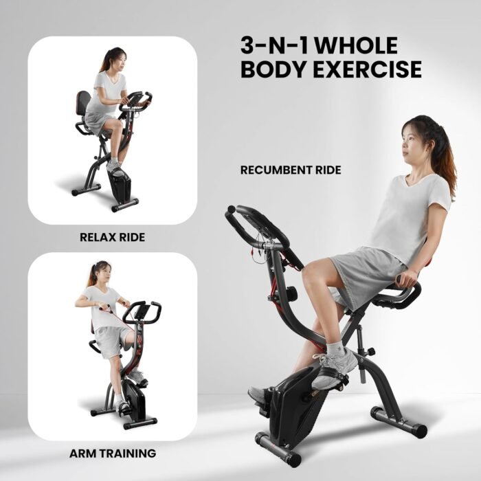 Exercise Bike Stationary Bike Folding Exercise Bike with 10 Level Adjustable Magentic Resistance Support Back Pad and Phone/Tablet Holder Arm Resistance Band Pulse Sensor LCD Monitor for Home Workout 265 LB Capacity - Image 8
