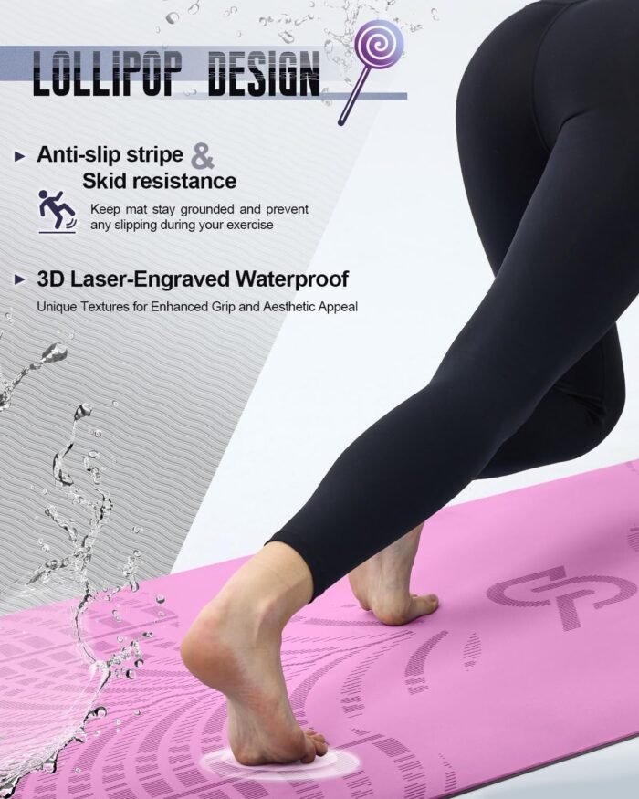 LOLLIPOP Thick Yoga Mat, Non-Slip Exercise Mat for Yoga, Pilates, Stretching Fitness & Exercise Mat with Easy-Cinch Carrier Strap - Image 6