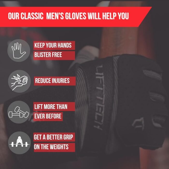 Lift Tech Men's Classic Exercise Gloves - Workout Gloves for Men Into Weights, Strength Training, Powerlifting - Fitness Gloves for Men - Gray,XL - Image 3
