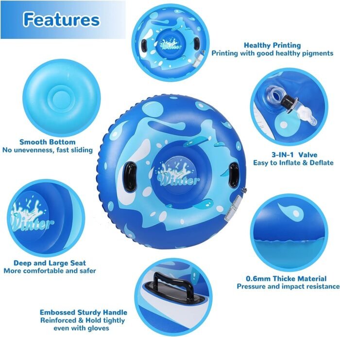 Snow Tube, 47 Inch Cold-Resistant PVC Inflatable Big Snow Sled for Kids and Adults, Thickened Heavy Duty Hard Bottom Sleds Snow with Handles, Winter Toys for Outdoor Sledding Snow Tube Sports - Image 4