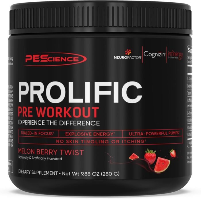 PEScience Prolific Pre Workout Powder for Men & Women with L Citrulline Nitric Oxide Booster, Energy Powder & Nootropic for Focus – Preworkout Without Beta Alanine – 40 Scoops, Melon Berry Twist - Image 2
