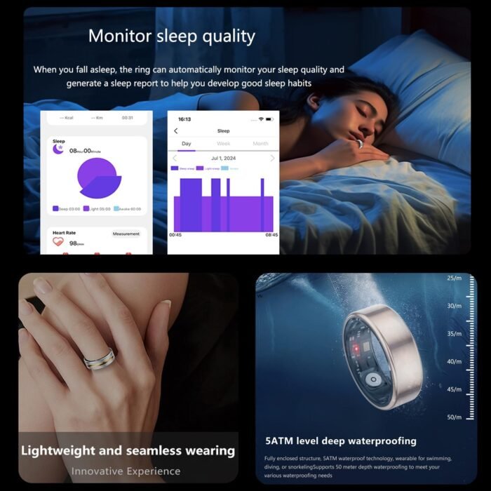 Smart Ring Health Monitoring Tracker, Heart Rate Sleep Tracker. Stylish and Comfortable, a Variety of Sports Modes, Waterproof for Long-Term wear. Extra Long Standby 7-8 Days.(Black, 8#) - Image 5