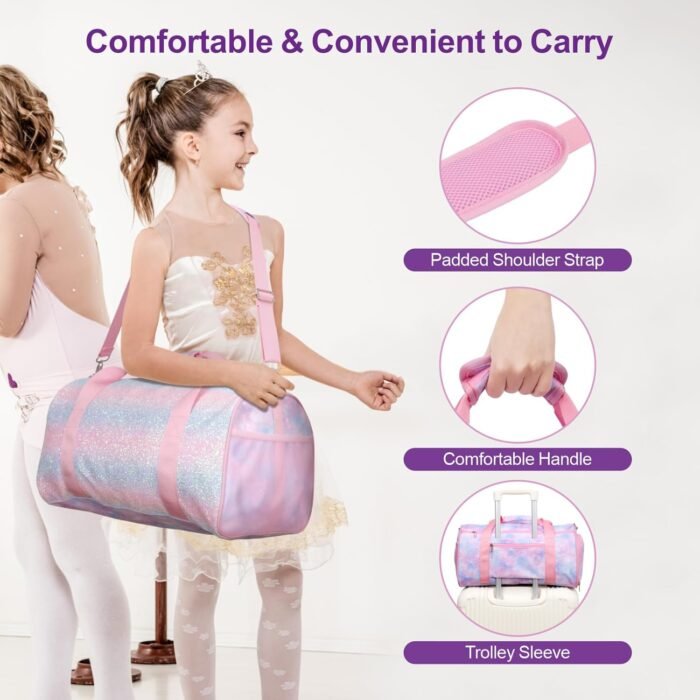 Bagseri Duffel Bags for Kids - Girls Dance Bag Ballet Tote, Waterproof Sports Gymnastics Bag for Overnight with Shoe Compartment and Dry Wet Separation Pockets (Tie-dye,Pink) - Image 5