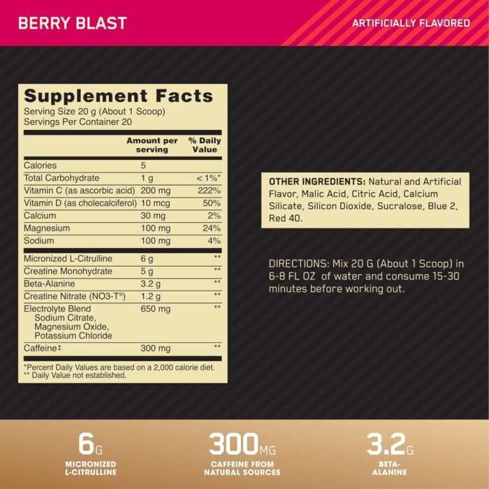 Optimum Nutrition Gold Standard Pre Workout Advanced, with Creatine, Beta-Alanine, Micronized L-Citrulline and Caffeine for Energy, Keto Friendly, Berry Blast, 20 Servings - Image 4