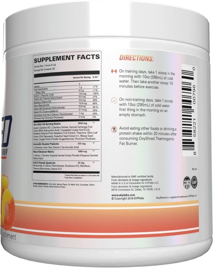 EHP Labs OxyShred Non Stimulant Pre Workout Powder - Stim Free Pre Workout, Caffeine Free Preworkout for Men & Women with L Glutamine & Acetyl L Carnitine - Peach, 60 Servings - Image 10