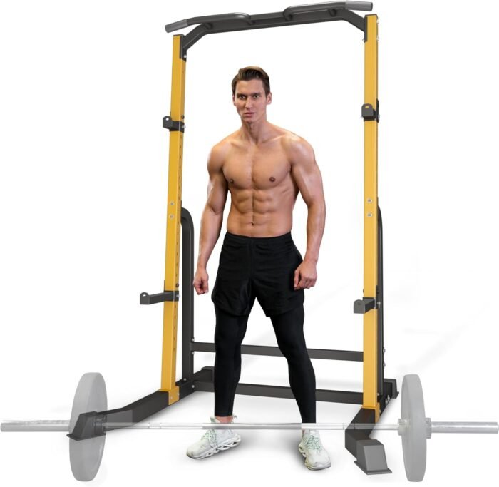 Power Cage - Heavy Duty 1000lb Capacity Squat Rack with Pull-Up Bar & Spotter Arms, Adjustable Home Gym Power Rack for Strength Training, Space-Saving Design (Yellow) - Image 2