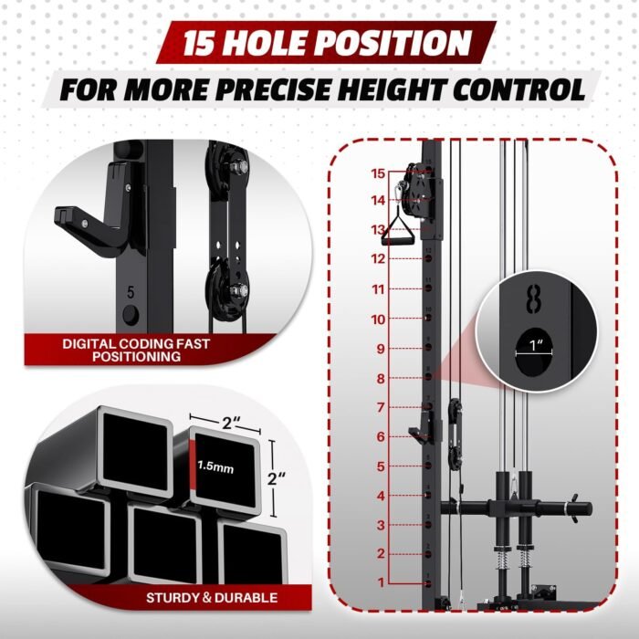 Folding Squat Rack, Wall Mounted Power Rack with Cable Crossover Machine & LAT Pull Down Multi-Function Space-Saving Power Cage with 7 Adjustable Modes/Dual Pulley System/Pull-up Bar/360°Landmine - Image 8
