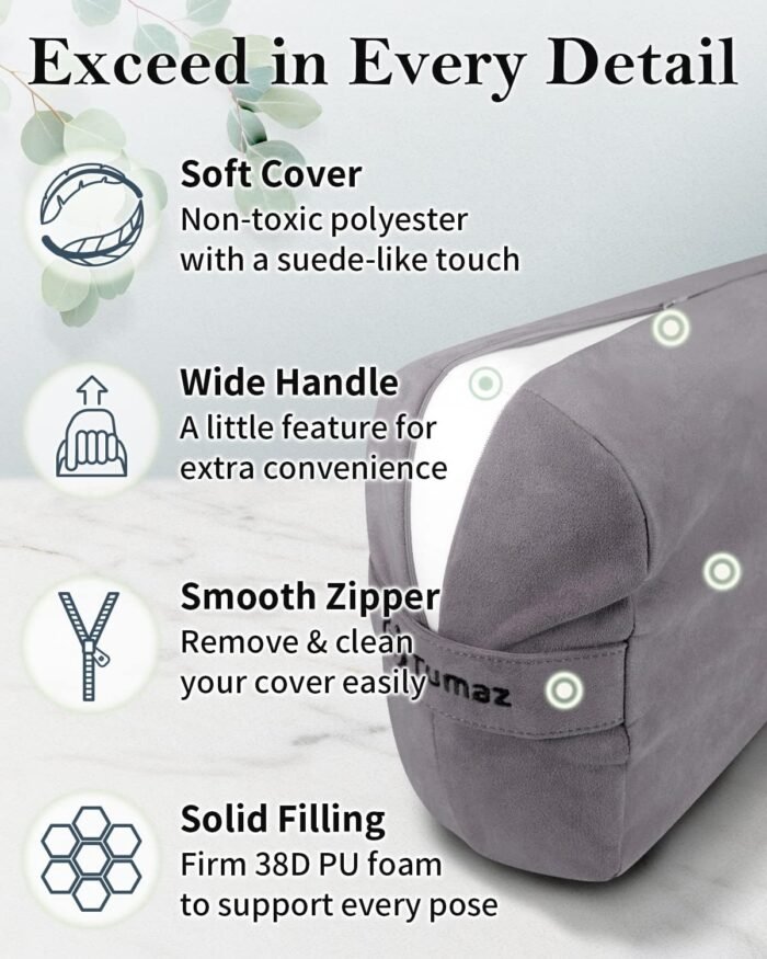 Tumaz Rectangular Yoga Bolster Set - Soft Meditation Pillow with Carry Handle and 8-Feet Yoga Strap, Machine Washable Cover - Image 6