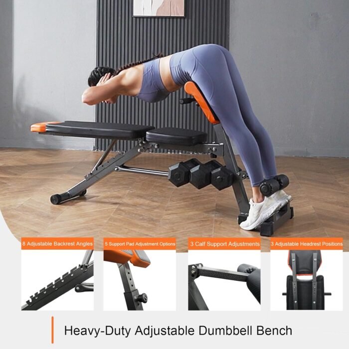 Adjustable Weight Bench 1000LBS– Multi-Functional Full Body Workout Equipment: Hyperextension, Roman Chair, Sit-Up Bench, Incline & Decline Bench, Flat Bench For Home Gym (Black and Orange) - Image 3