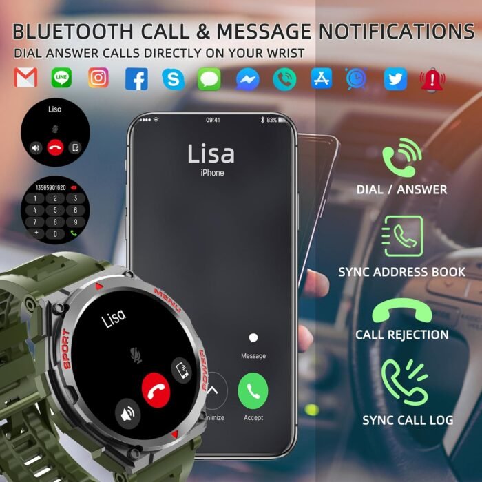 Military Smart Watches for Men(Answer/Make Calls), 1.52" HD Fitness Watch, AI Built-in,Heart Rate Sleep Monitor, AI Face,100+ Sport Modes, Text, IP68 Waterproof Smartwatch for Android iOS - Image 3