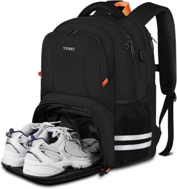 Ytonet Gym Backpack For Men Women, Travel Sports Track Bag With Shoe Compartment USB Charging Port, Large Workout Laptop Backpack Water Resistant College Bag Fit 15.6 Inch, Camping, Black - Image 2