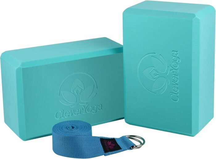 Clever Yoga Blocks 2 Pack with Strap - Extra Light Weight Sweat Repelling Foam Yoga Block Set with Cotton 8ft Yoga Stretch Strap - Yoga Block and Strap Set Kit for Beginner to Pro - Exercise - Image 2