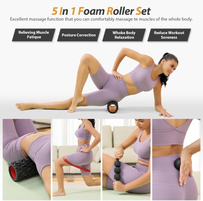 5 in1 Foam Roller Set, Trigger Point Foam Roller, Massage Roller Stick, Massage Ball, Resistance Band for Deep Muscle Massage Pilates Yoga,Fitness Exercise for Whole Body (Pure Black) - Image 8