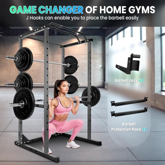 HUYUTT Power Cage, 1200LB Squat Rack with 14-Hole Pull-Up Bar, 2 Steel Frame, Adjustable J-Hooks and Safety Bars, for Home Gym Strength Training, Black - Image 3