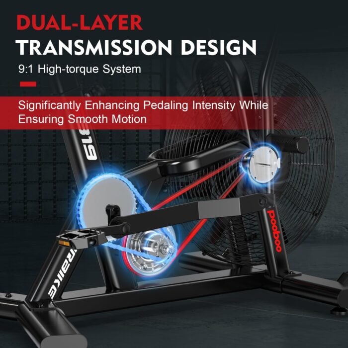 pooboo Exercise Bike, Stationary Bike for Home Gym, Air Resistance Bluetooth Fan Bike w/Dual Acction Handlebars & Dual-Layer Transmission System, Upright AirBike Indoor Cycling Bike for Cardio Workout - Image 5