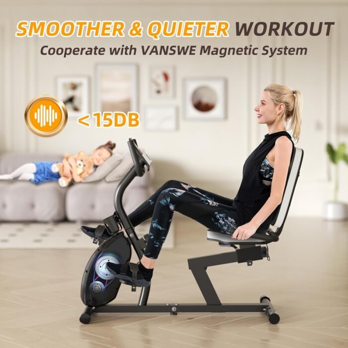 VANSWE Recumbent Exercise Bike for Adults Seniors - Recumbent Bikes for Home with Magnetic Resistance, Bluetooth and App Connectivity, Pulse Sensor - Image 4